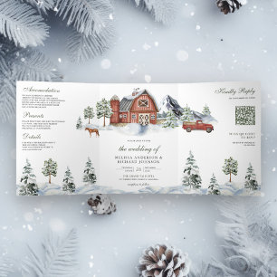 Besneeuwde rode schuur winter kerst QR-code bruilo Drieluik Uitnodiging