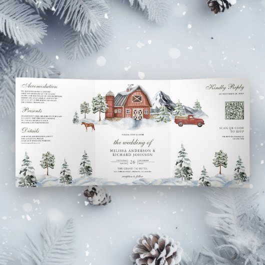 Besneeuwde rode schuur winter kerst QR-code bruilo Drieluik Uitnodiging