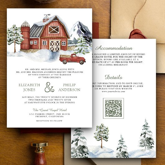 Besneeuwde rode schuur winter kerst QR-code bruilo Kaart
