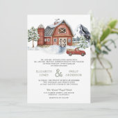 Besneeuwde rode schuur winter kerst QR-code bruilo Kaart (Staand voorkant)