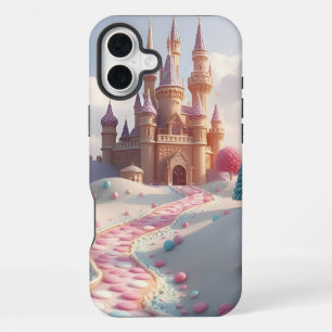Besneeuwde Roze Candyland Sprookjeskasteel iPhone 16 Plus Hoesje
