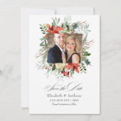 Besneeuwde rustieke dennen en sparren winter huwel save the date (Voorkant)