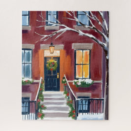 Besneeuwde stad stoep | Kerst Winter Watercolor Legpuzzel