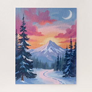 Besneeuwde top zonsondergang   Schilderij van wint Legpuzzel