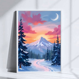 Besneeuwde top zonsondergang   Winterlandschap Sch Poster