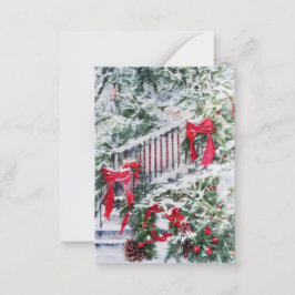 Besneeuwde versierde trap budget mini Kerstmis Notitiekaartje