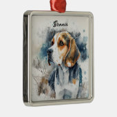 BESNEEUWDE WATERVERF DRIEKLEURIGE BEAGLE DOG METALEN ORNAMENT (Rechts)