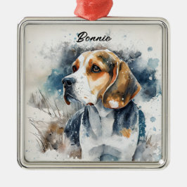 BESNEEUWDE WATERVERF DRIEKLEURIGE BEAGLE DOG METALEN ORNAMENT