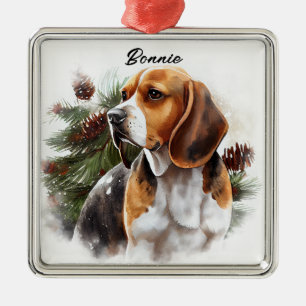 BESNEEUWDE WATERVERF DRIEKLEURIGE BEAGLE DOG METALEN ORNAMENT