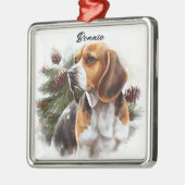 BESNEEUWDE WATERVERF DRIEKLEURIGE BEAGLE DOG METALEN ORNAMENT (Links)