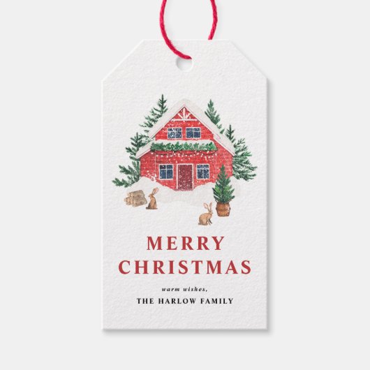 Besneeuwde Waterverf Rode Cottage Prettig Kerstfee Cadeaulabel (Voorkant)