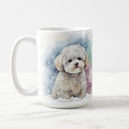 BESNEEUWDE WINTER BICHON FRISE HONDENGEZICHT KOFFIEMOK (Links)