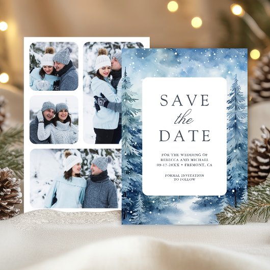 Besneeuwde Winter Dennenbos Foto Collage Bruiloft Save The Date