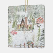 Besneeuwde winter kerst hut scène keramisch ornament (Links)