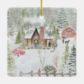 Besneeuwde winter kerst hut scène keramisch ornament (Achterkant)