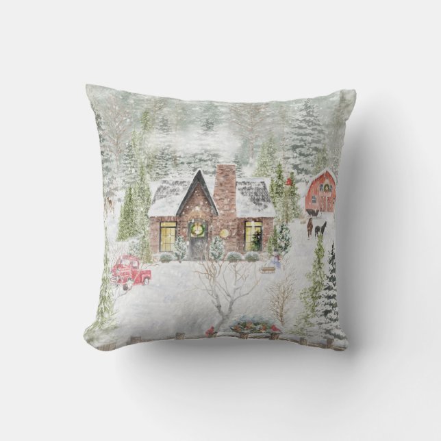 Besneeuwde winter kerst hut scène kussen (Voorkant)