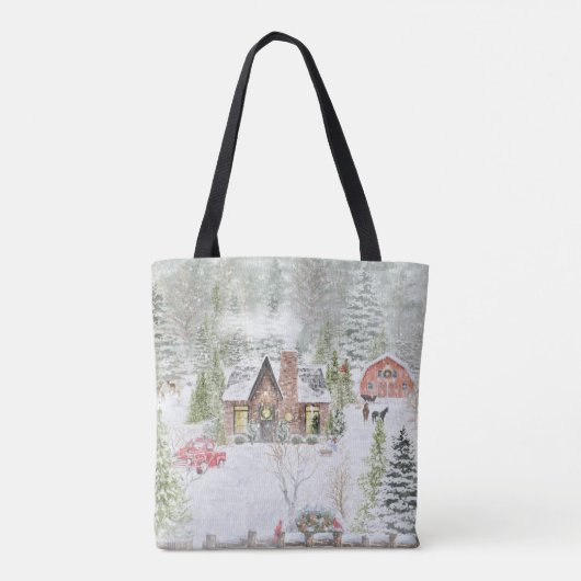 Besneeuwde winter kerst hut scène tote bag (Achterkant)