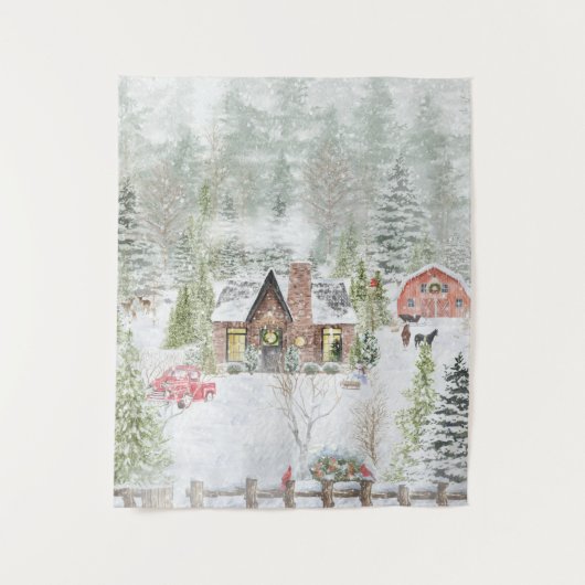 Besneeuwde winter kerst hut scène wandkleed (Voorkant)