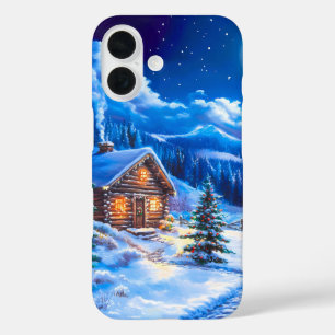 Besneeuwde winter kerst maan nacht blokhut iPhone 16 hoesje