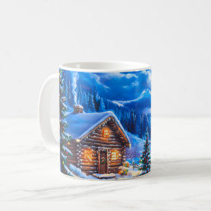 Besneeuwde winter kerstmaan nacht blokhut koffiemok