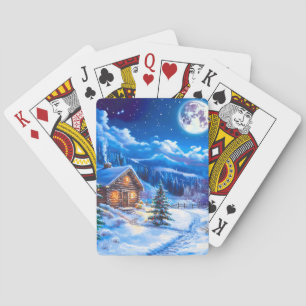 Besneeuwde Winter Kerstmaan Nacht Chalet Pokerkaarten
