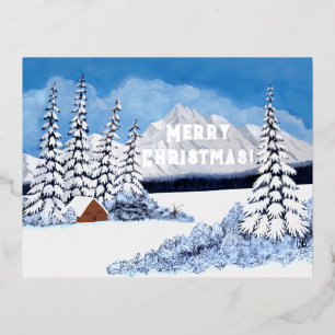 Besneeuwde Winter Zilver Folie Kerstkaart Feestdagen Briefkaart