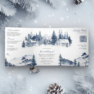 Besneeuwde Winterberg Dennenbos QR Code Trouwen Drieluik Uitnodiging