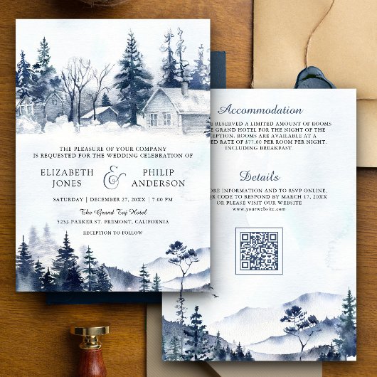 Besneeuwde Winterberg Dennenbos QR Code Trouwen Kaart