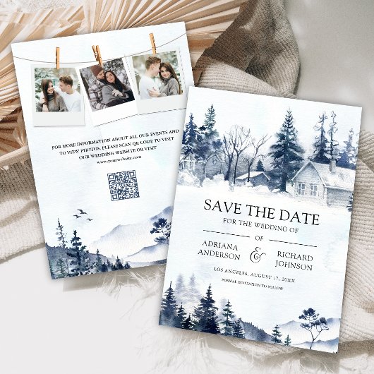 Besneeuwde Winterberg Dennenbos QR Code Trouwen Save The Date