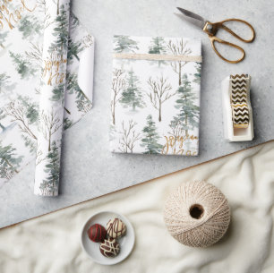 Besneeuwde Winterbomen Joyeux Noel Gouden Typograf Cadeaupapier
