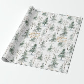 Besneeuwde Winterbomen Joyeux Noel Gouden Typograf Cadeaupapier (Uitgerold)