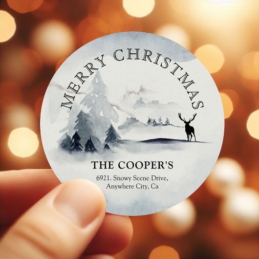 Besneeuwde Winterbossen Kerst Retouradres Ronde Sticker