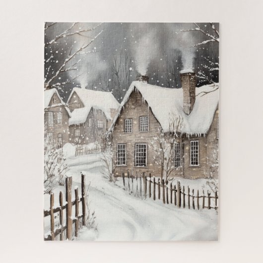 Besneeuwde winterdorp cottages legpuzzel (Verticaal)