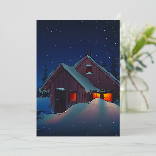 Besneeuwde winterhut nachtscene kaart