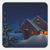 Besneeuwde winterhut nachtscene vierkante sticker (Voorkant)