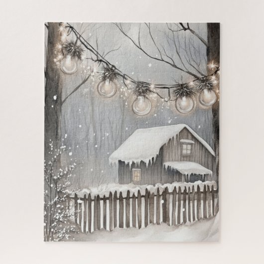 Besneeuwde winterhut slingerlichtjes legpuzzel (Verticaal)