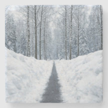 Besneeuwde winterlandschap met mistig bospad