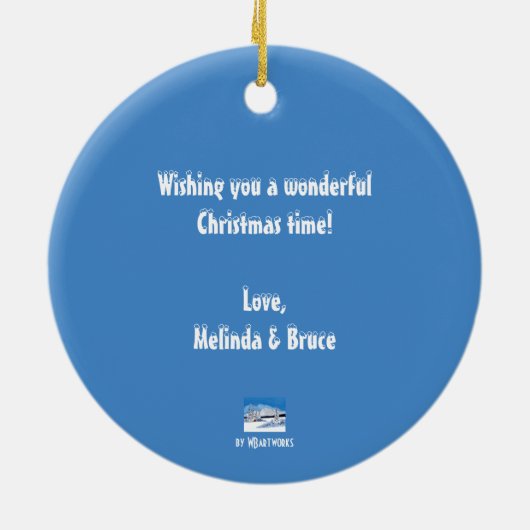 besneeuwde winterronde keramisch ornament (Achterkant)