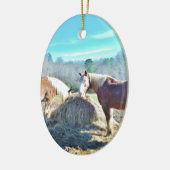 Bespaar conceptpaarden die hooi eten keramisch ornament (Links)