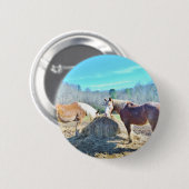 Bespaar conceptpaarden die hooi eten ronde button 5,7 cm (Voorkant /achterkant)