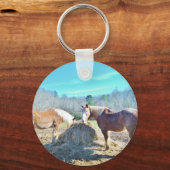 Bespaar conceptpaarden die hooi eten sleutelhanger (Voorkant)