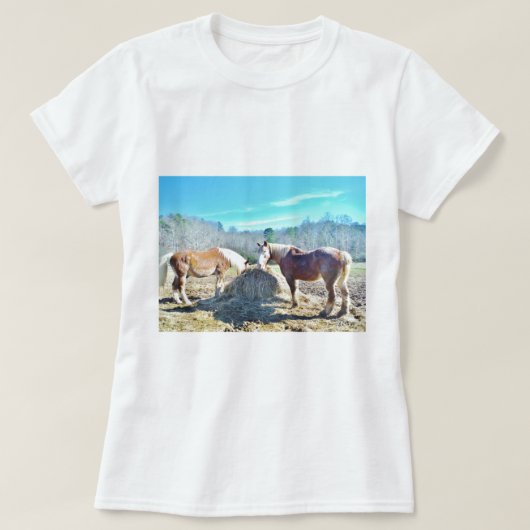 Bespaar conceptpaarden die hooi eten t-shirt (Design voorkant)