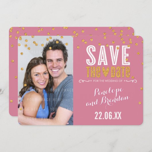 BESPAAR DATUM goudglitter confetti roos roze Save The Date (Voorkant / Achterkant)