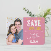 BESPAAR DATUM goudglitter confetti roos roze Save The Date (Staand voorkant)
