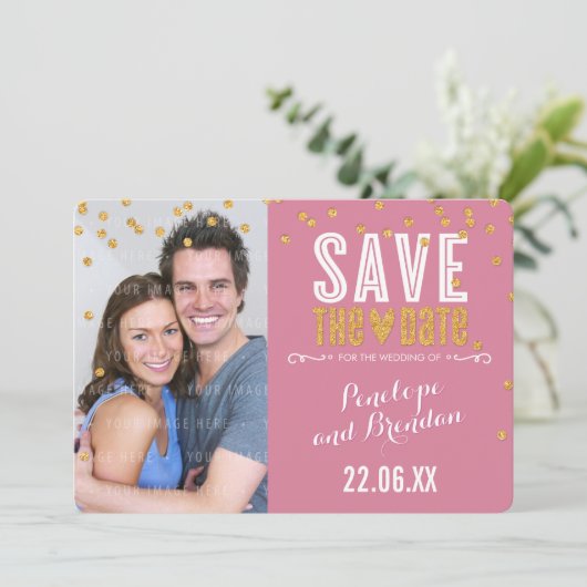 BESPAAR DATUM goudglitter confetti roos roze Save The Date (Staand voorkant)