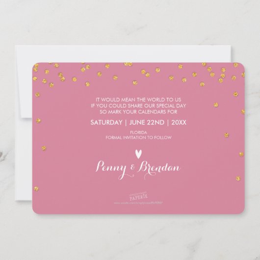 BESPAAR DATUM goudglitter confetti roos roze Save The Date (Achterkant)