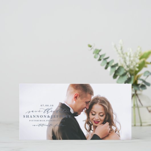 BESPAAR DE DATE elegante fotokaart voor kalligrafi Save The Date (Staand voorkant)