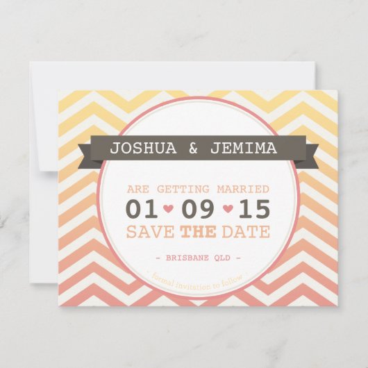 BESPAAR DE DATE ombre chevron tropische zonsonderg Save The Date (Voorkant)