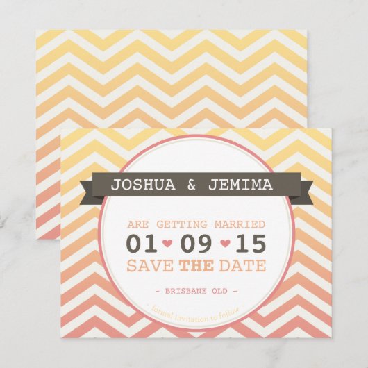 BESPAAR DE DATE ombre chevron tropische zonsonderg Save The Date (Voorkant / Achterkant)