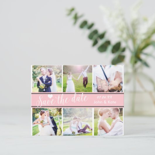 BESPAAR DE DATE roze witte bruiloft 6 FOTO Briefka Aankondigingskaart (Staand voorkant)